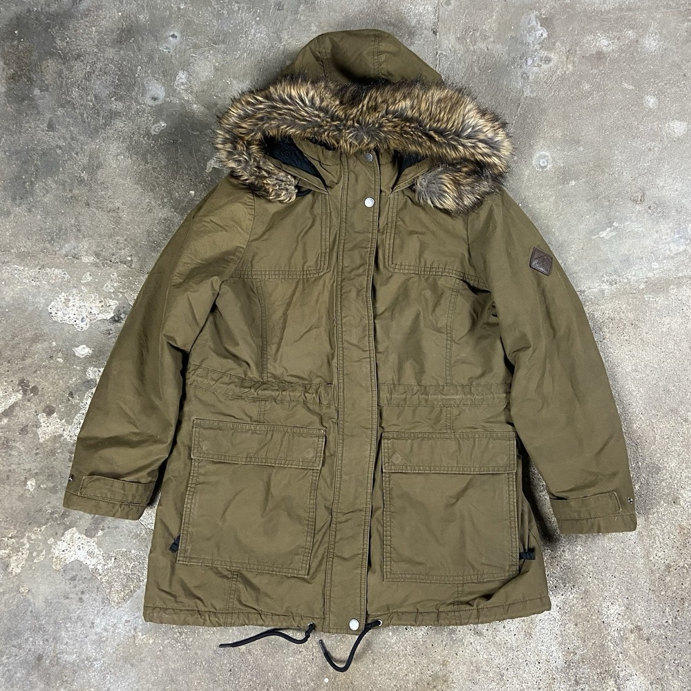 Eddie Bauer Hooded Parka Coat Women's Size Petite Large Green Faux Fur Jacket